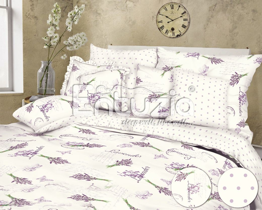 Bavlnené obliečky s motívom levandule a bodiek vo fialovej farbe na bielom podklade